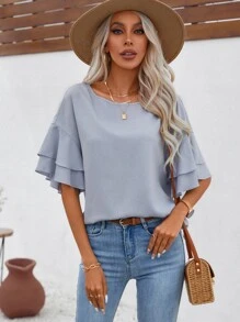 Chiquease Solid Flounce Sleeve Waffle Knit Top - Dusty Blue - View 6