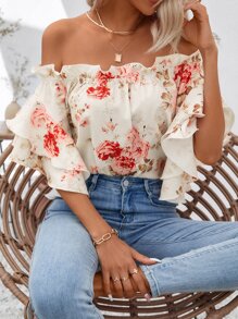 Breezaya 印花一字肩荷葉邊襯衫 - 杏色 - 查看 5