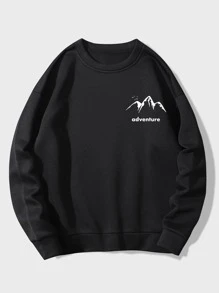 SHEIN EZwear Sudadera con estampado de montaña y letra con forro térmico - Negro - Ver 1