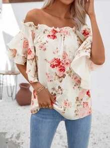 Breezaya 印花一字肩荷葉邊襯衫 - 杏色 - 查看 6