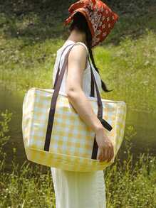 1pc Gingham Pattern Lunch Bag - Yellow - View 1