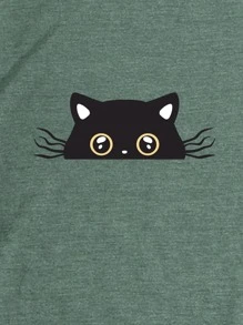 SHEIN LUNE 卡通貓貓圖案T恤 - 墨綠色 - 查看 3