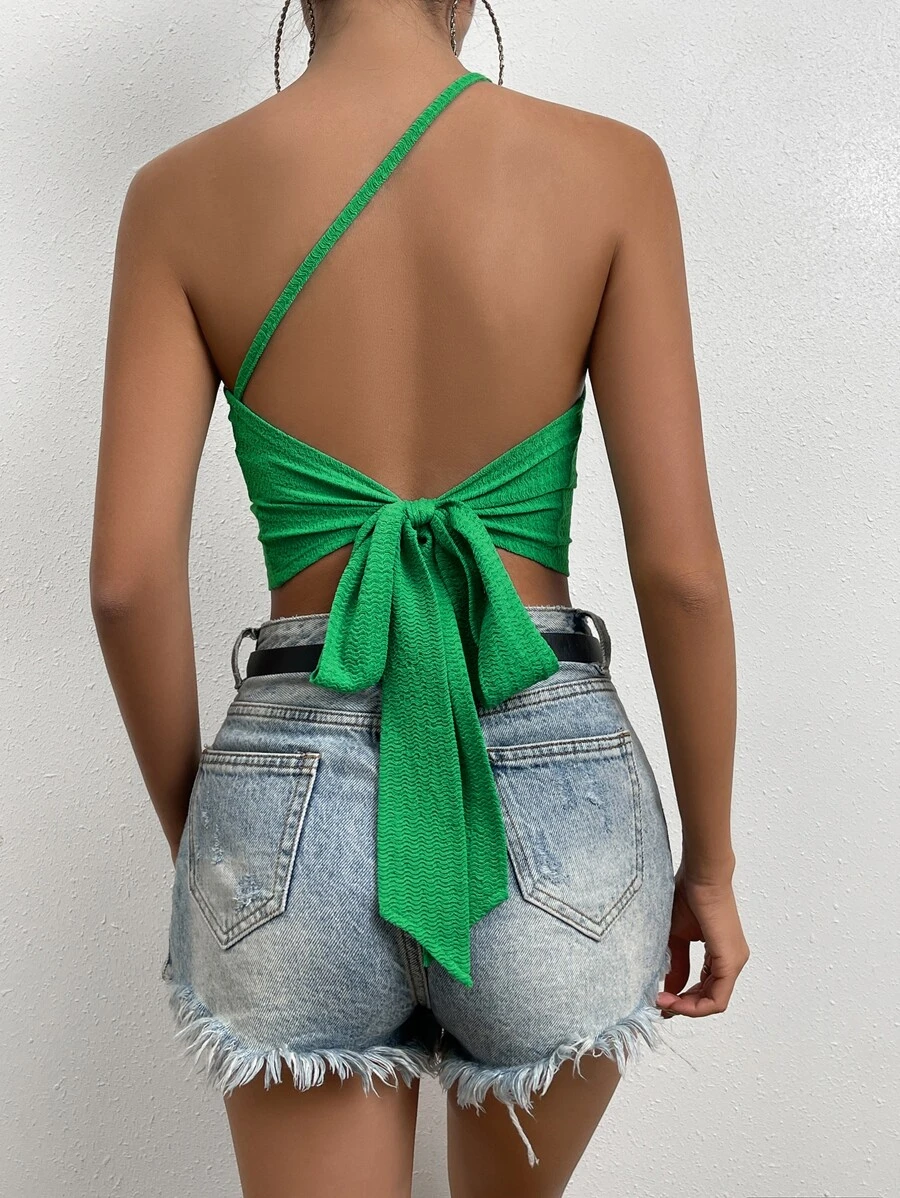 Chiquease One Shoulder Tie Backless Crop Top - Green - View 1