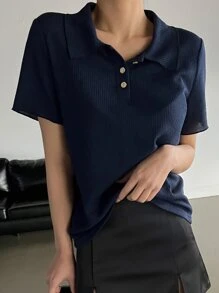 DAZY Áo thun cổ bẻ dệt kim, trang phục công sở thường ngày cho nữ - Màu xanh hải quân - Xem 4