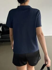 DAZY Áo thun cổ bẻ dệt kim, trang phục công sở thường ngày cho nữ - Màu xanh hải quân - Xem 2