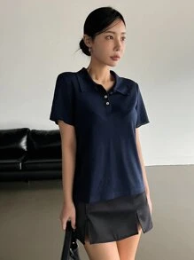 DAZY Áo thun cổ bẻ dệt kim, trang phục công sở thường ngày cho nữ - Màu xanh hải quân - Xem 10