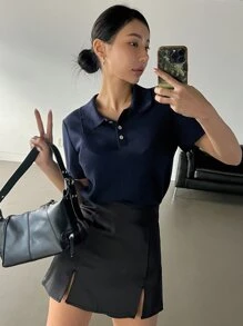 DAZY Áo thun cổ bẻ dệt kim, trang phục công sở thường ngày cho nữ - Màu xanh hải quân - Xem 8