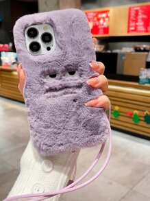 卡通設計長毛絨手機殼附帶繩子 - 紫色 - 查看 2