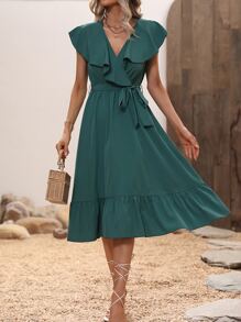 SHEIN VCAY Ruffle Trim Overlap Collar Ruffle Hem Belted Dress - Dark Green - View 1