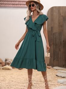 SHEIN VCAY Ruffle Trim Overlap Collar Ruffle Hem Belted Dress - Dark Green - View 4