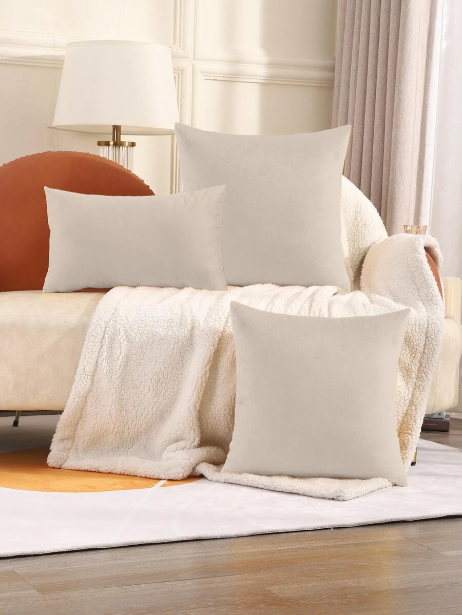 1pc Velvet Solid Color Pillow/Lumbar Cushion Cover, Pillow Insert Not Included - Beige - View 1