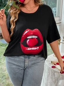 SHEIN LUNE Plus Lip Print Drop Shoulder Tee - Black - View 3