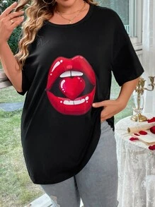 SHEIN LUNE Plus Lip Print Drop Shoulder Tee - Black - View 4