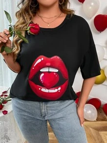 SHEIN LUNE Plus Lip Print Drop Shoulder Tee - Black - View 6