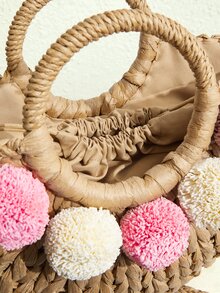 SHEIN VCAY Pom Pom Decor Straw Bag - Khaki - View 11