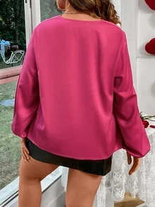 SHEIN LUNE Plus Draped Collar Lantern Sleeve Blouse - Hot Pink - View 2
