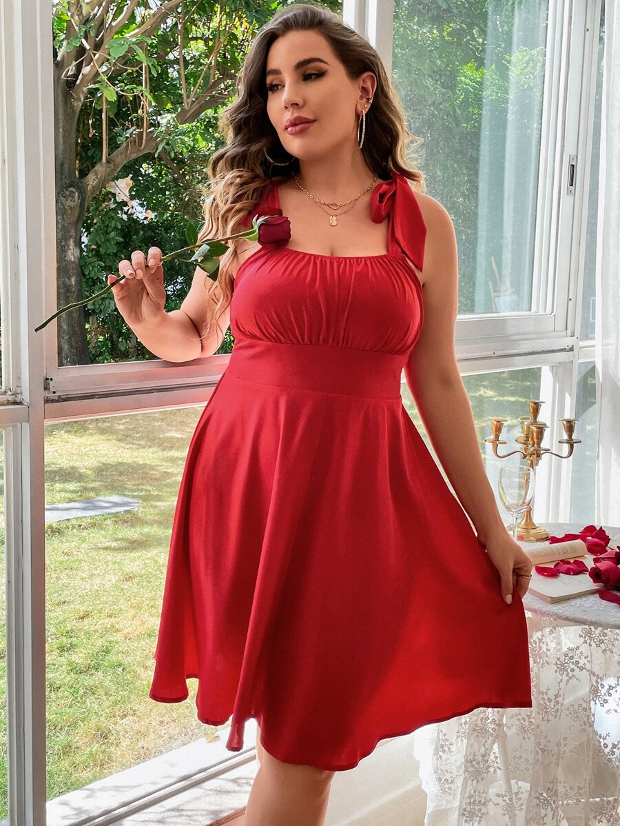 Celure Plus Tie Shoulder Ruched Bust Cami Dress - Burgundy - View 1