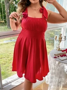 Celure Plus Tie Shoulder Ruched Bust Cami Dress - Burgundy - View 2