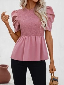 SHEIN Privé Puff Sleeve Shirred Peplum Blouse - Pink - View 1