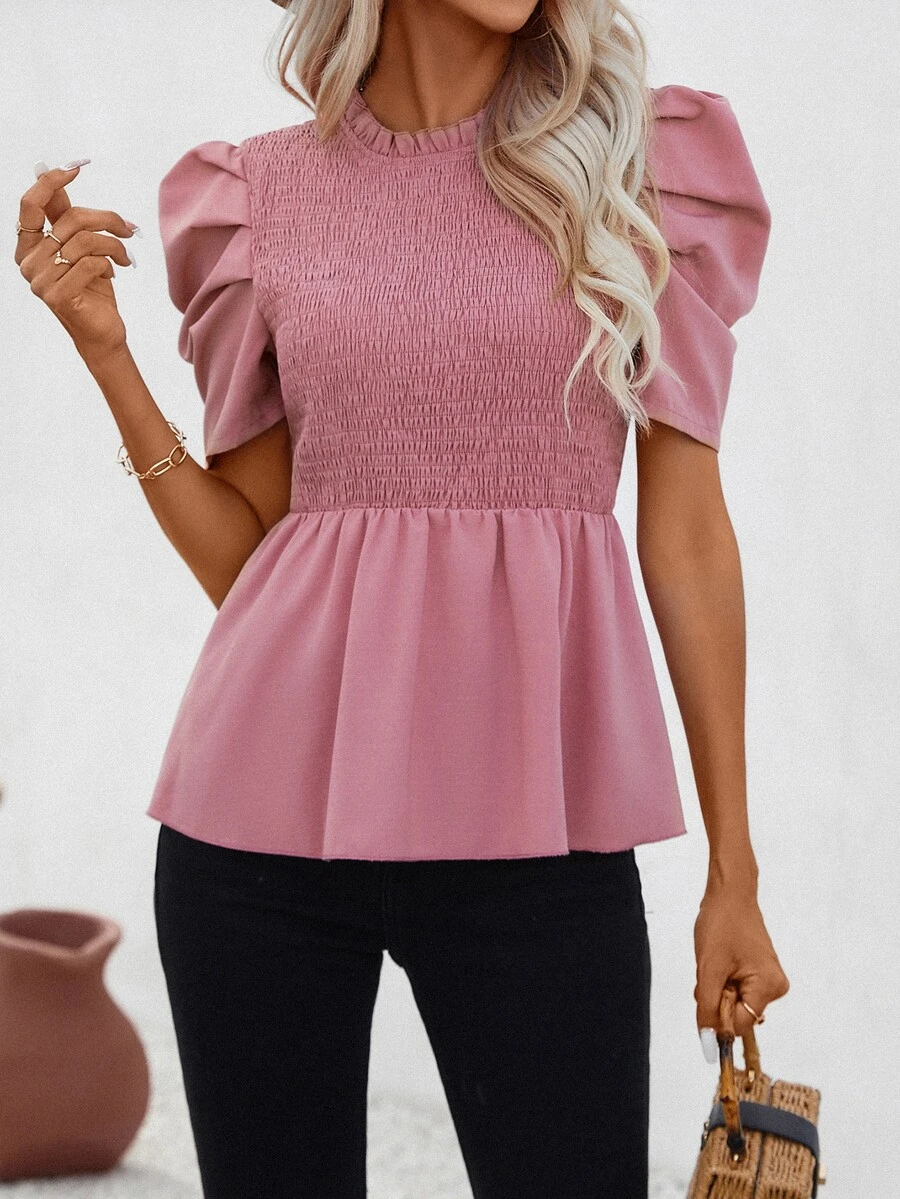 SHEIN Privé Puff Sleeve Shirred Peplum Blouse - Pink - View 1
