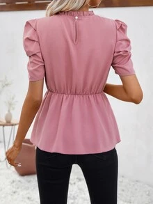 SHEIN Privé Puff Sleeve Shirred Peplum Blouse - Pink - View 2