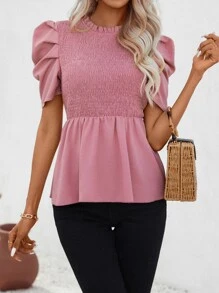 SHEIN Privé Puff Sleeve Shirred Peplum Blouse - Pink - View 4