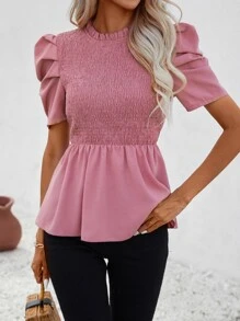 SHEIN Privé Puff Sleeve Shirred Peplum Blouse - Pink - View 5