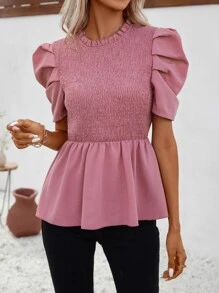 SHEIN Privé Puff Sleeve Shirred Peplum Blouse - Pink - View 6
