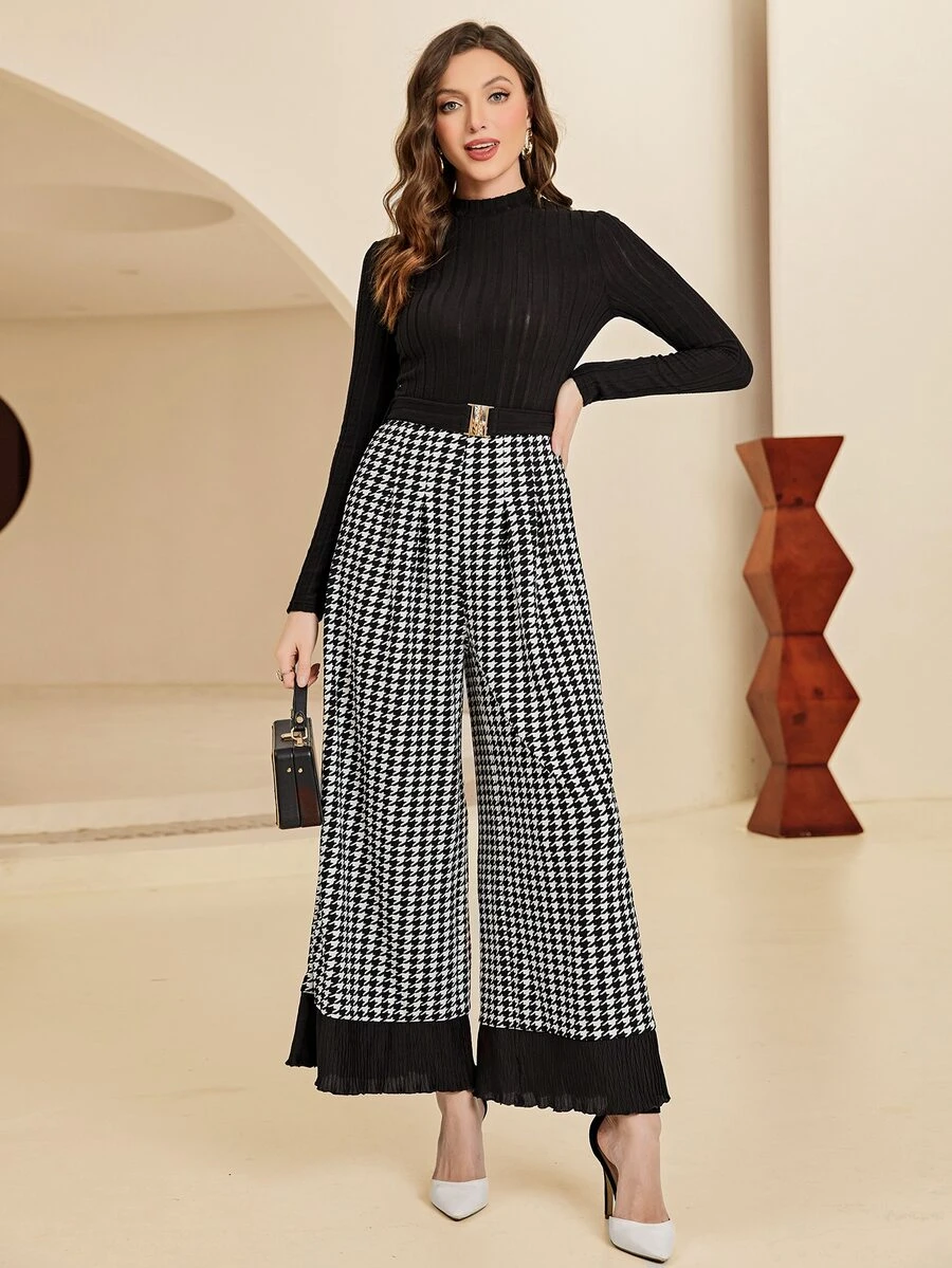 Modelyn Houndstooth Print Wide Leg Jumpsuit With Belt - Black and White - View 1