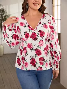 SHEIN Clasi Blusa con estampado floral de manga farol - Multicolor - Ver 1