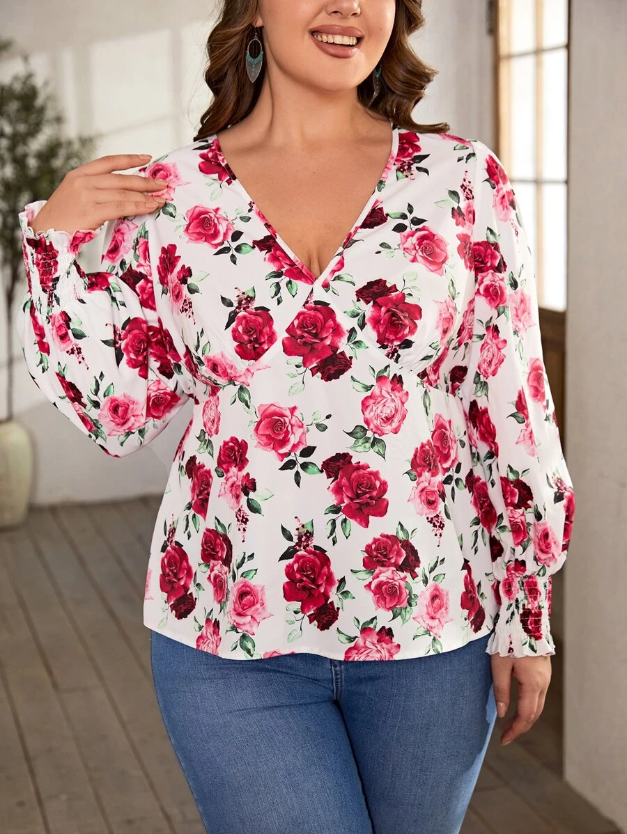 SHEIN Clasi Blusa con estampado floral de manga farol - Multicolor - Ver 1