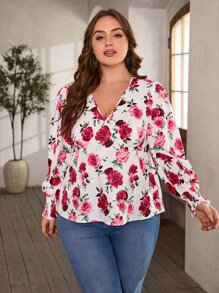 SHEIN Clasi Blusa con estampado floral de manga farol - Multicolor - Ver 5