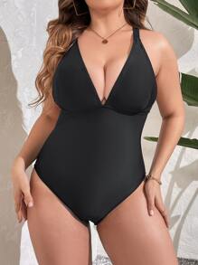 SHEIN Swim Curve Summer Plus Size Ring Linked Cut Out Backless One Piece Swimsuit - Black - View 2
