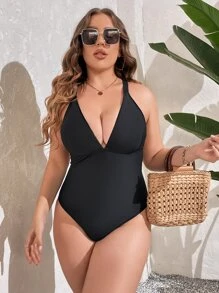 SHEIN Swim Curve Summer Plus Size Ring Linked Cut Out Backless One Piece Swimsuit - Black - View 3