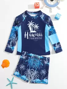 Young Boy Tropical Print Beach Swimsuit - Navy Blue - View 1