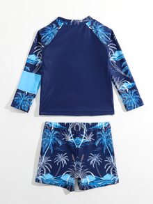 Young Boy Tropical Print Beach Swimsuit - Navy Blue - View 2