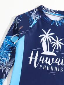 Young Boy Tropical Print Beach Swimsuit - Navy Blue - View 3