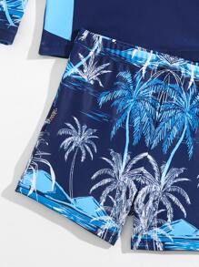 Young Boy Tropical Print Beach Swimsuit - Navy Blue - View 4