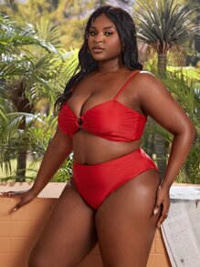 Plus Size Tie Dye Tankini Summer Beach - Red - View 5