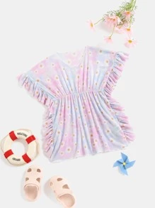 Toddler Girls Tie Dye & Floral Print Ruffle Trim Cover Up - Multicolor - View 1