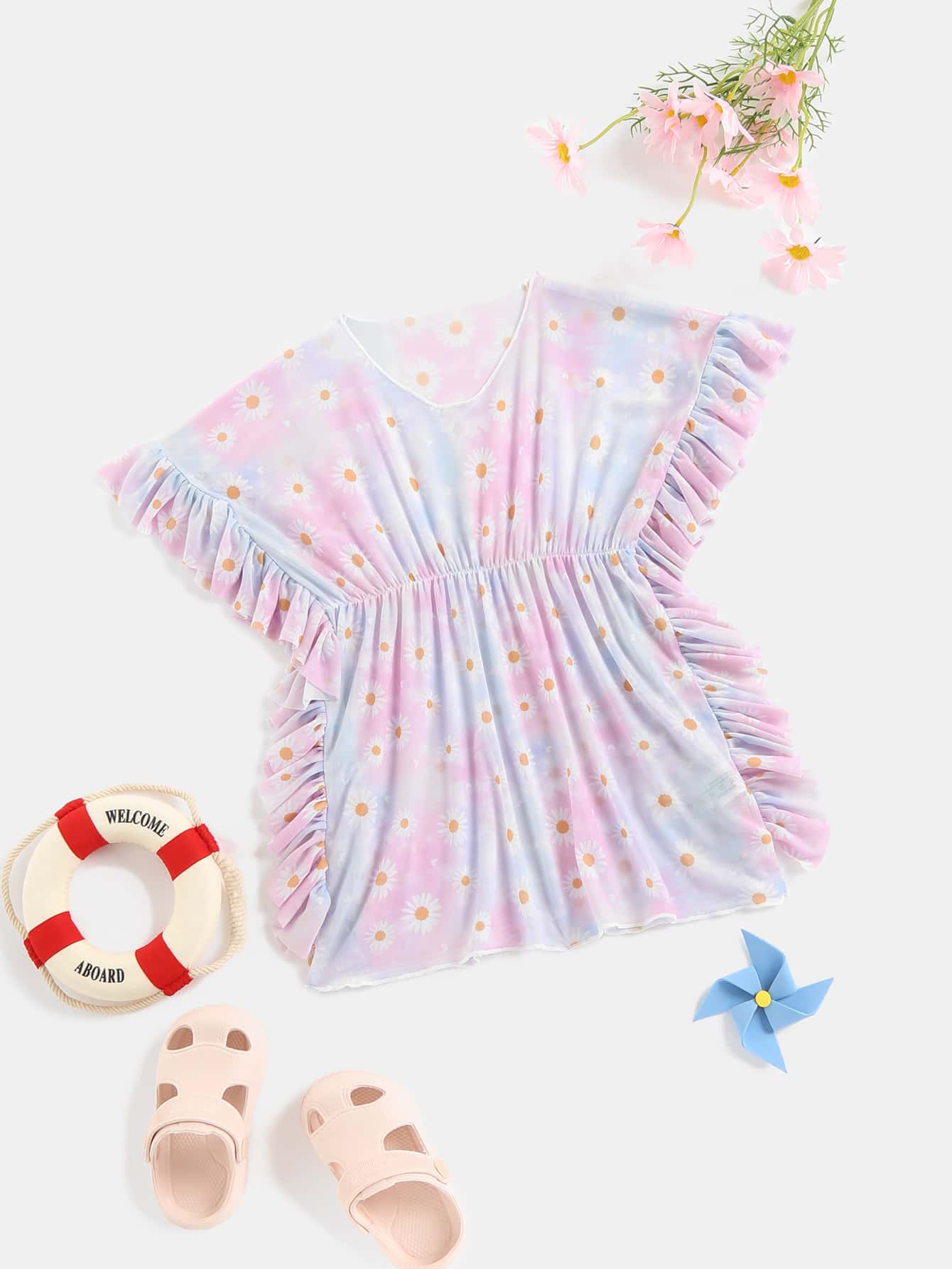 Toddler Girls Tie Dye & Floral Print Ruffle Trim Cover Up - Multicolor - View 1