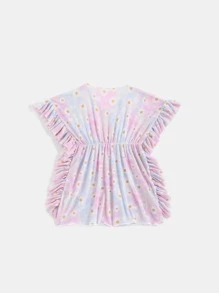 Toddler Girls Tie Dye & Floral Print Ruffle Trim Cover Up - Multicolor - View 2