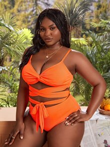 SHEIN Unity Conjunto de bikini cruzado con torsión frontal para playa de verano de talla grande, traje de baño - Naranja - Ver 3