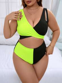 Plus Size Two Tone Wrap Bikini Set Summer Beach - Multicolor - View 1