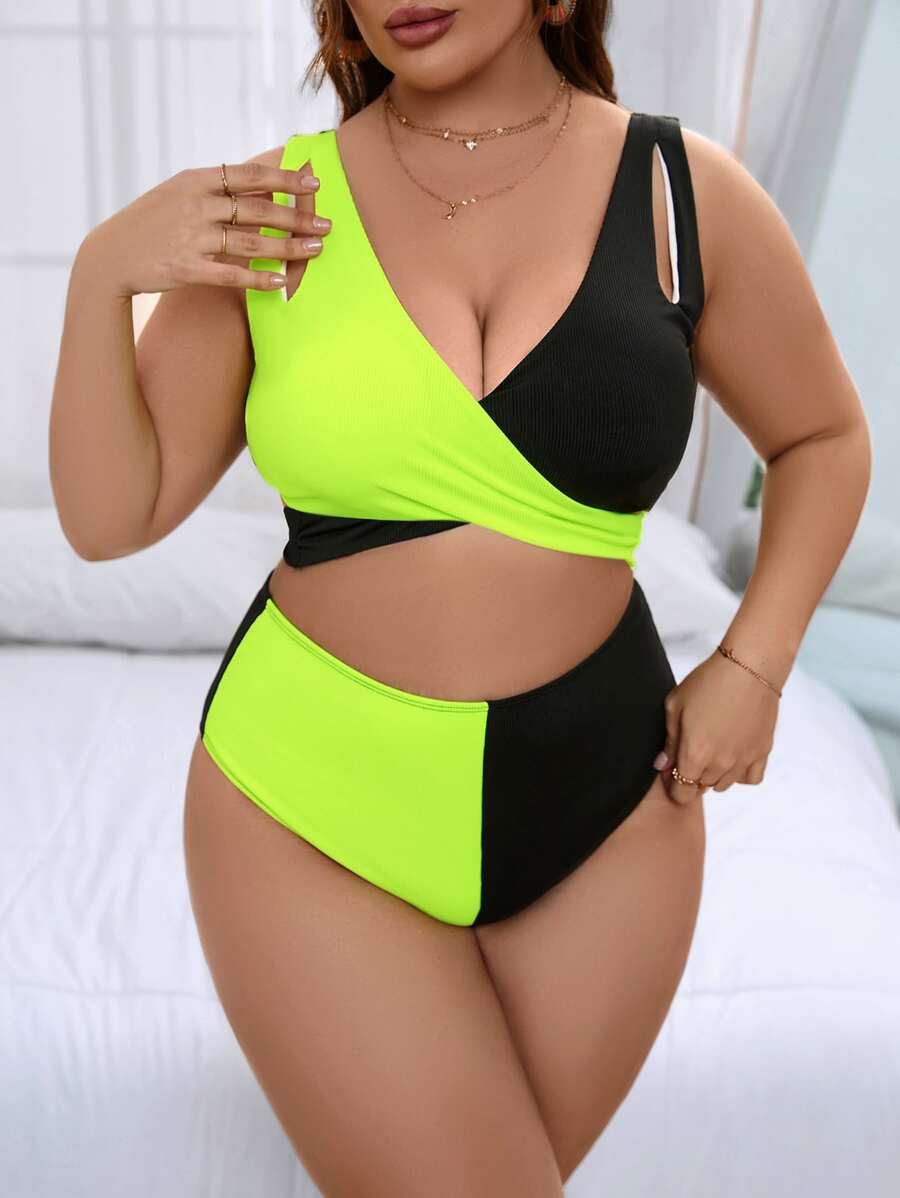 Plus Size Two Tone Wrap Bikini Set Summer Beach - Multicolor - View 1