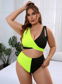 Plus Size Two Tone Wrap Bikini Set Summer Beach - Multicolor - View 3