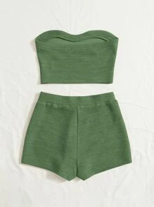 Soleia Top bandeau tejido de canalé & Shorts biker - Verde - Ver 3