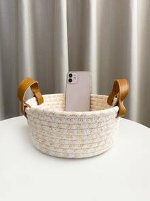 1入組雙色帶手柄桌面儲物籃家用滌綸編織日常儲物籃 - 米色 - 查看 4