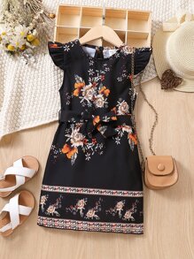 SHEIN Niñitas Vestido con estampado floral ribete con fruncido de espalda con abertura de ojo - Negro - Ver 1