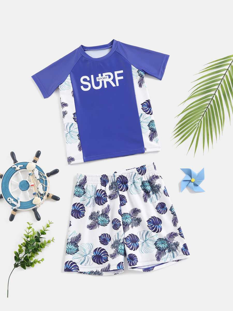 小男童熱帶圖案沙灘泳裝 - 藍白色 - 查看 1
